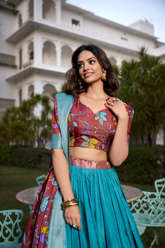 Jacquard Dola Silk Kalamkari Print Lehenga Choli with Zari Border – JASPREET Collection