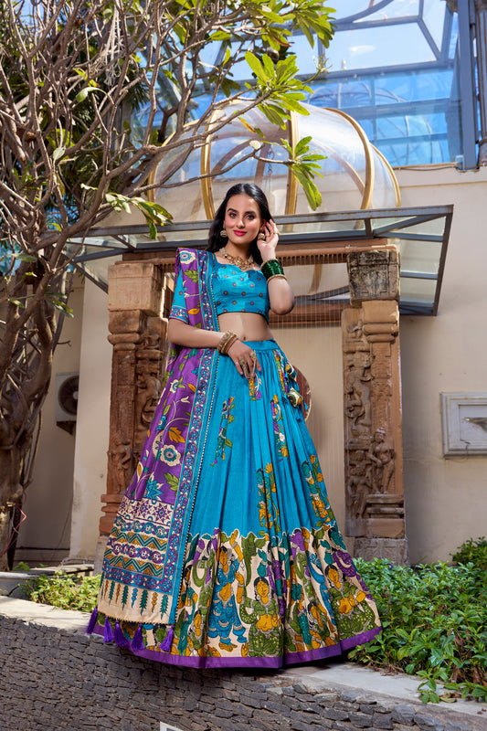 Tasar Silk Kalamkari Foil Work Lehenga Choli with Tassel Dupatta