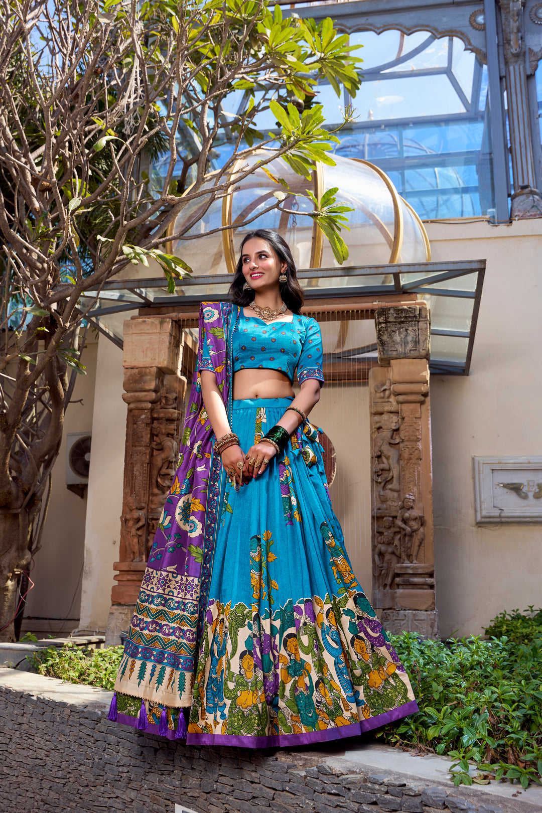 Tasar Silk Kalamkari Foil Work Lehenga Choli with Tassel Dupatta