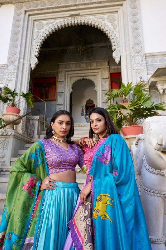 Tasar Silk Kalamkari Foil Work Lehenga Choli with Tassel Dupatta – VAISHNAVI Collection