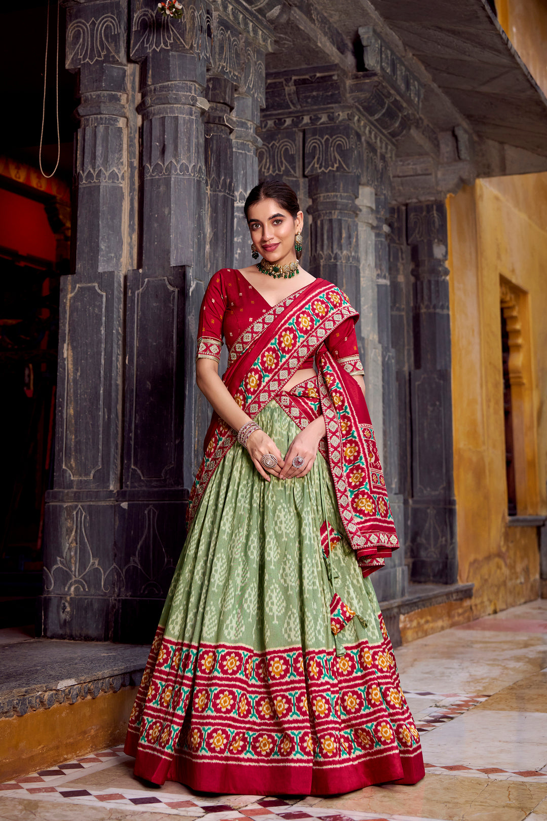 Tasar Silk Ikkat Print Lehenga Choli with Embroidered Lace Dupatta