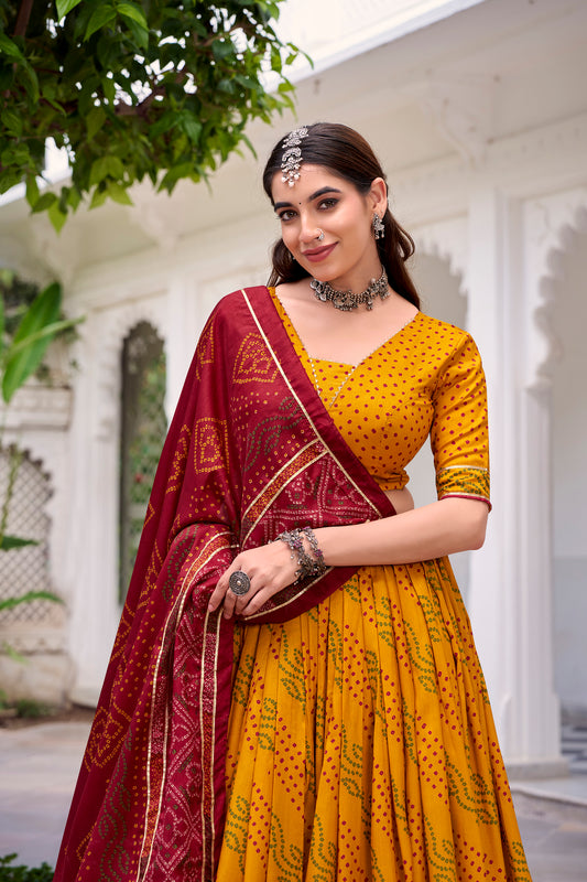 Tasar Silk Bandhej (Bandhani) Navratri Lehenga Choli with Gotta Patti Lace – GAURI Collection