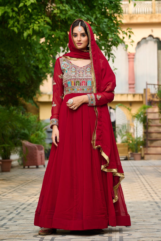 Charming Ethnic Gown With Multi-Thread Work And Zari Lace Dupatta