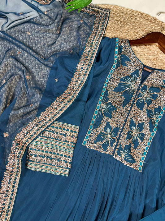 Teal Vichitra Silk Handwork Suit with Organza Sequins Dupatta