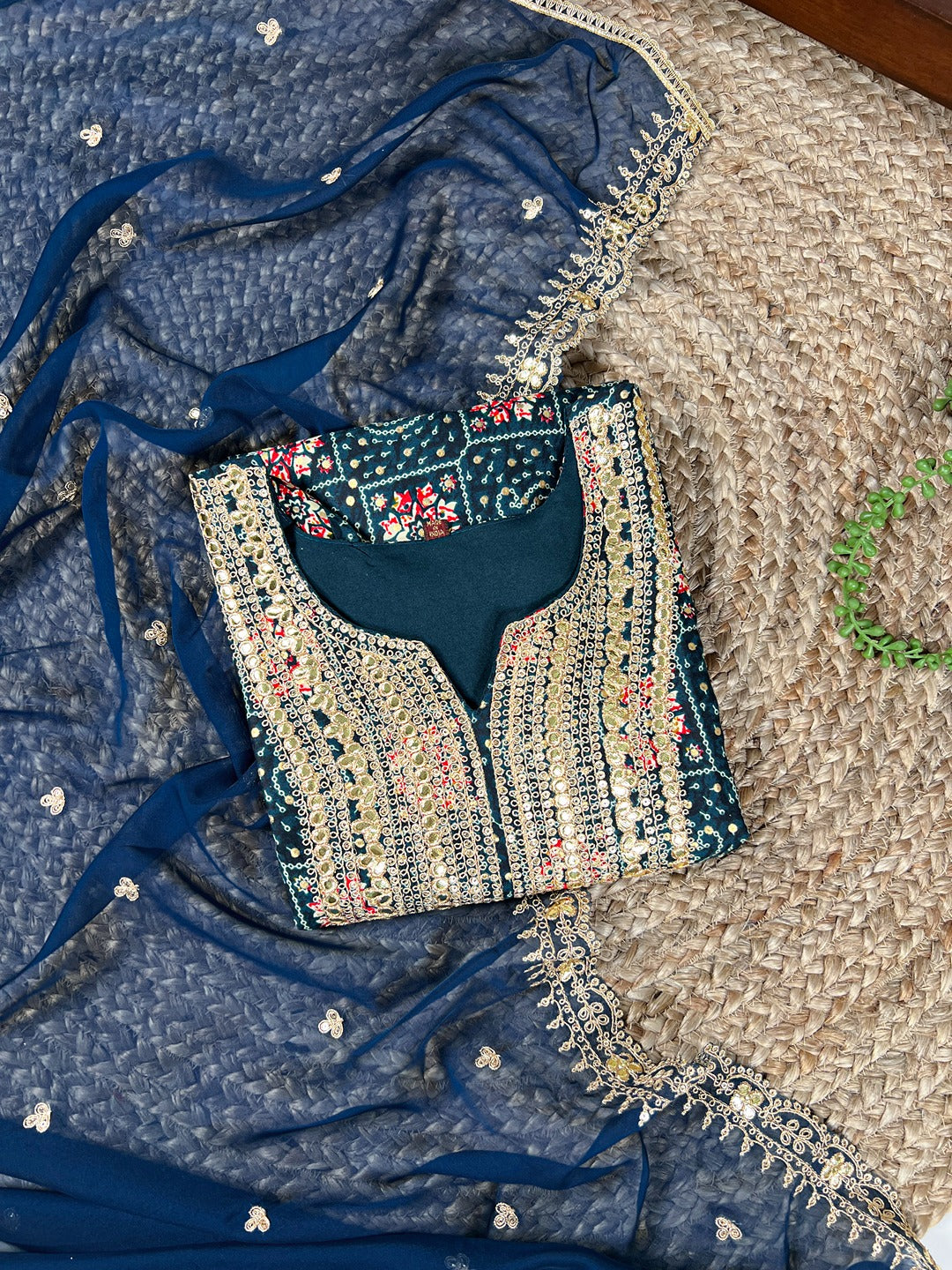 Teal Rayon Embroidered Salwar Suit with Organza Dupatta – Sequins & Thread Work