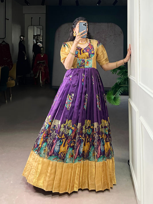Dola Silk Pichwai Printed Designer Gown with Weaving Work