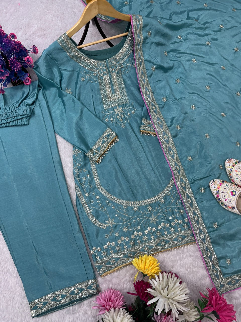 Designer Chinon Silk Embroidered Top Pent Set with Dupatta