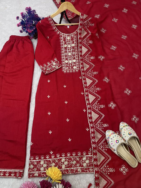 Designer Vichitra Silk Embroidered Top Pent Set with Dupatta