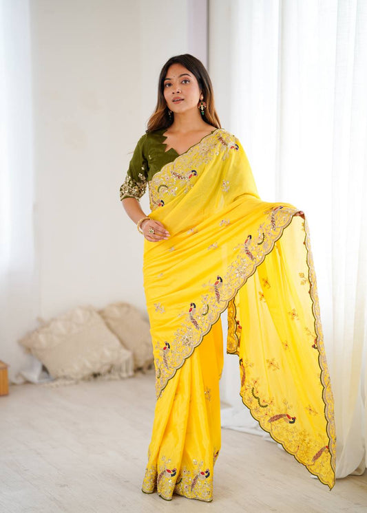 Premium Chinon Silk Embroidered Saree with Mono Silk Blouse