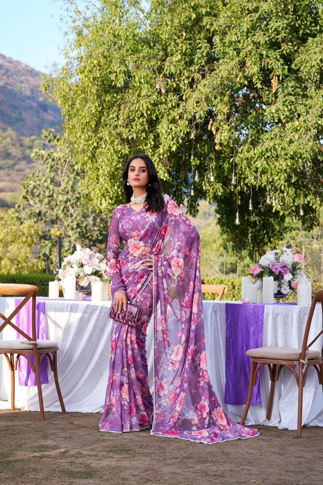Weightless Marble Printed Saree with Pearl Lace Border – Premium Saree Collection