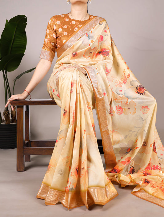 Tasar Silk Floral Printed Saree with Viscose Border – Premium Saree Collection