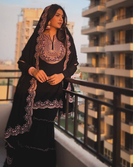 Black Sharara Suit With Pink And Silver Embroidery