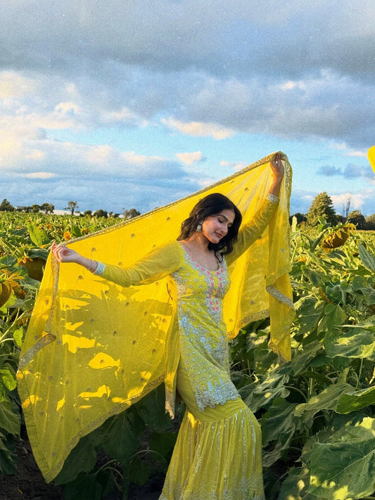 Designer Faux Georgette Embroidered Top Sharara Set with Dupatta