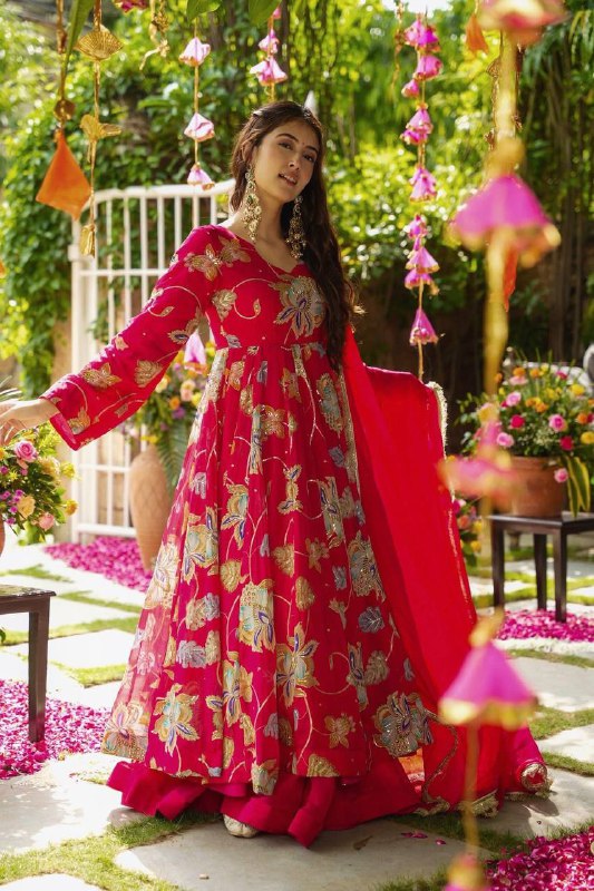 Designer Heavy Faux Georgette Embroidered Gown with Sharara & Dupatta