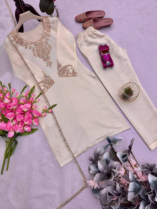 Designer Party Wear Roman Silk Top Pant Set with Organza Dupatta