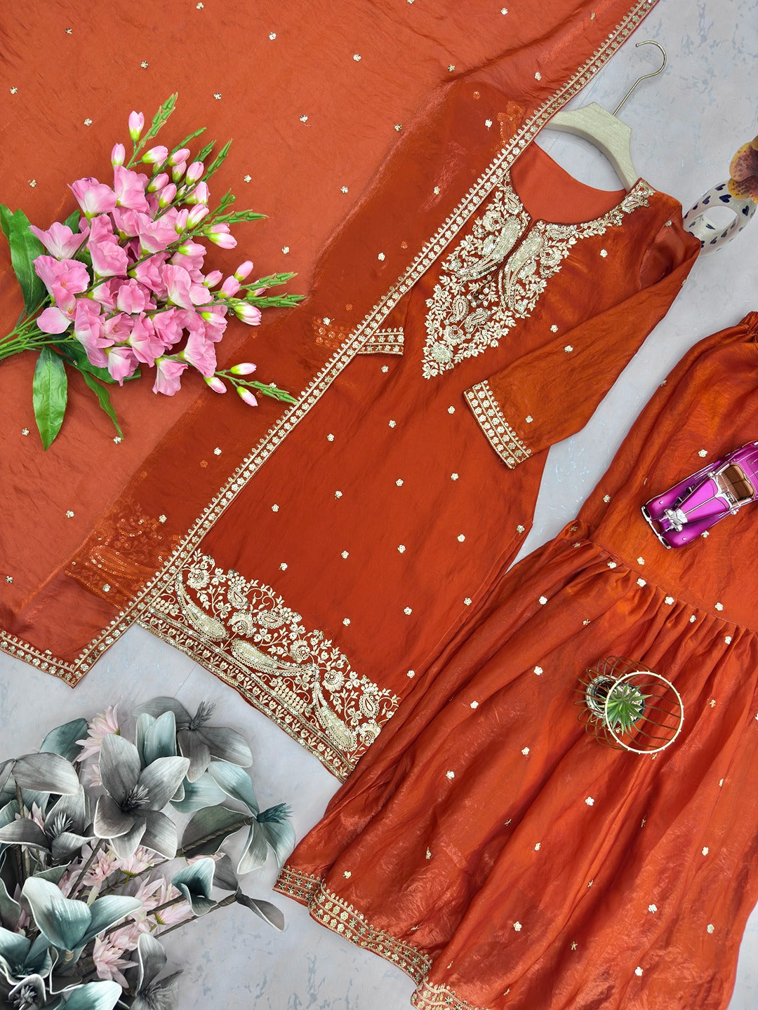Designer Party Wear Two Tone Fandy Silk Top Sharara Set with Embroidered Dupatta