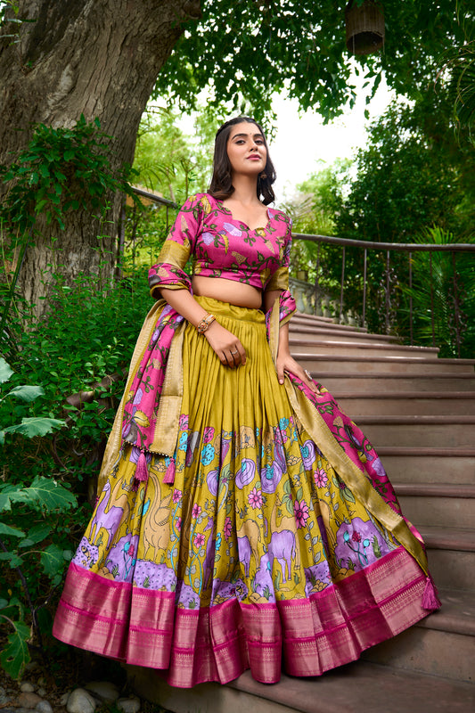 Dola Silk Kalamkari Print Lehenga Choli with Zari Weaving Border – AKANKSHA Collection