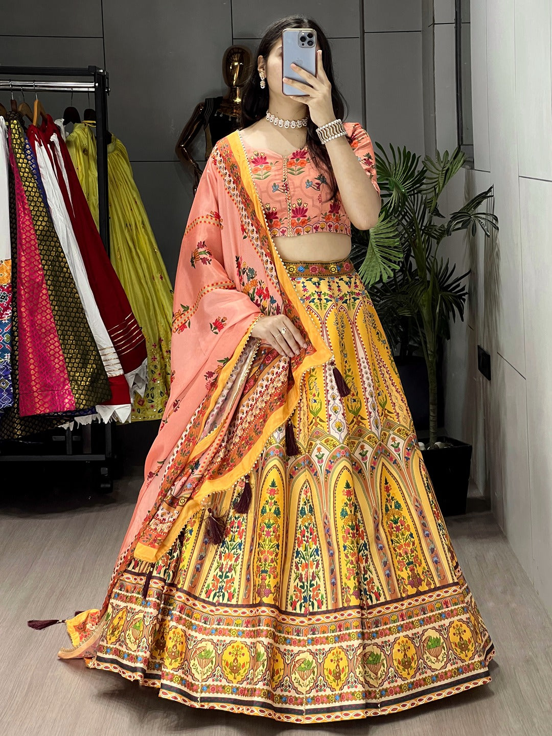 Printed Art Silk Lehenga Choli with Gota Patti & Chinon Dupatta