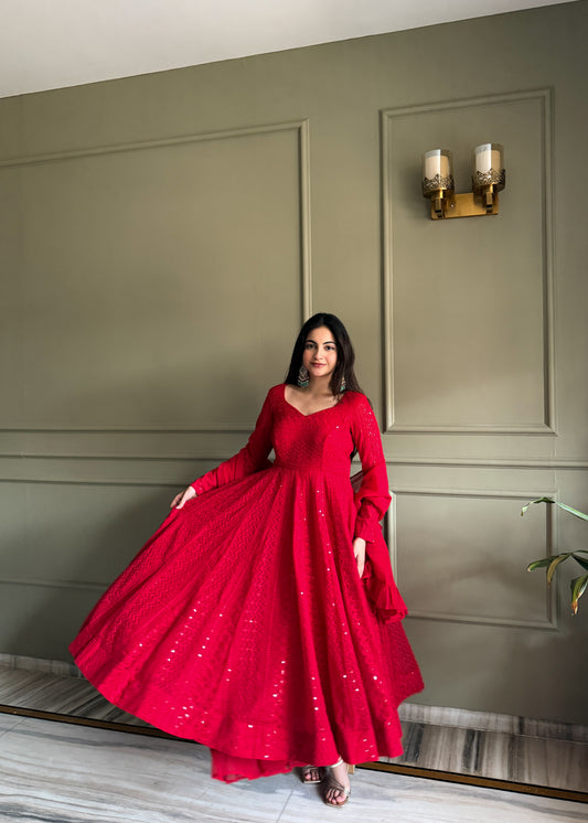 Red Anarkali Gown with Sparkling Details