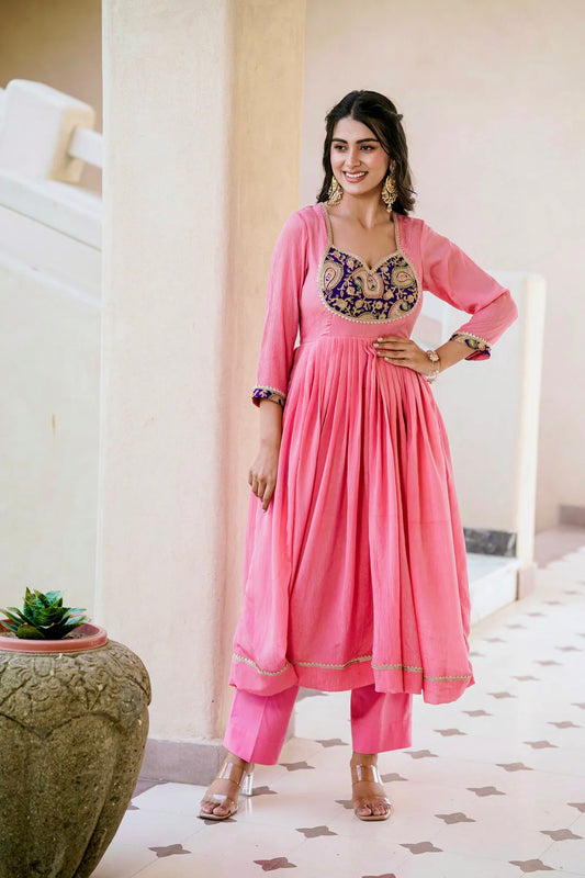 Designer Heavy Crunchy Silk Embroidered Gown Set with Pant & Dupatta