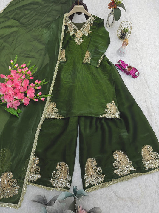 Designer Jimmy Cho Silk Embroidered Top Palazzo Set with Dupatta