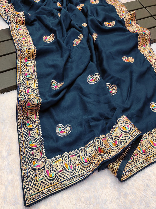 Premium Vichitra Silk Embroidered Zari Work Saree with Matching Blouse