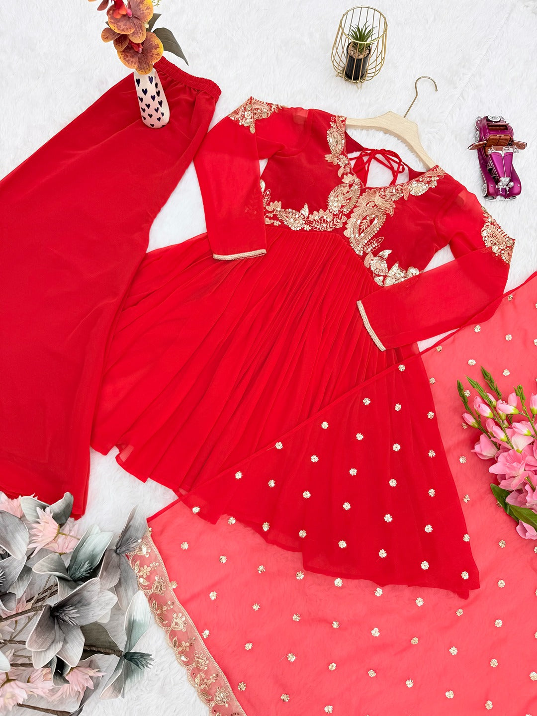 Designer Fox Georgette Embroidered Top Palazzo Set with Dupatta