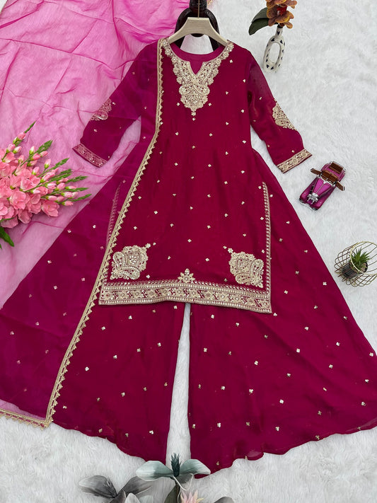 Designer Fandy Satin Embroidered Top Palazzo Set with Butterfly Net Dupatta