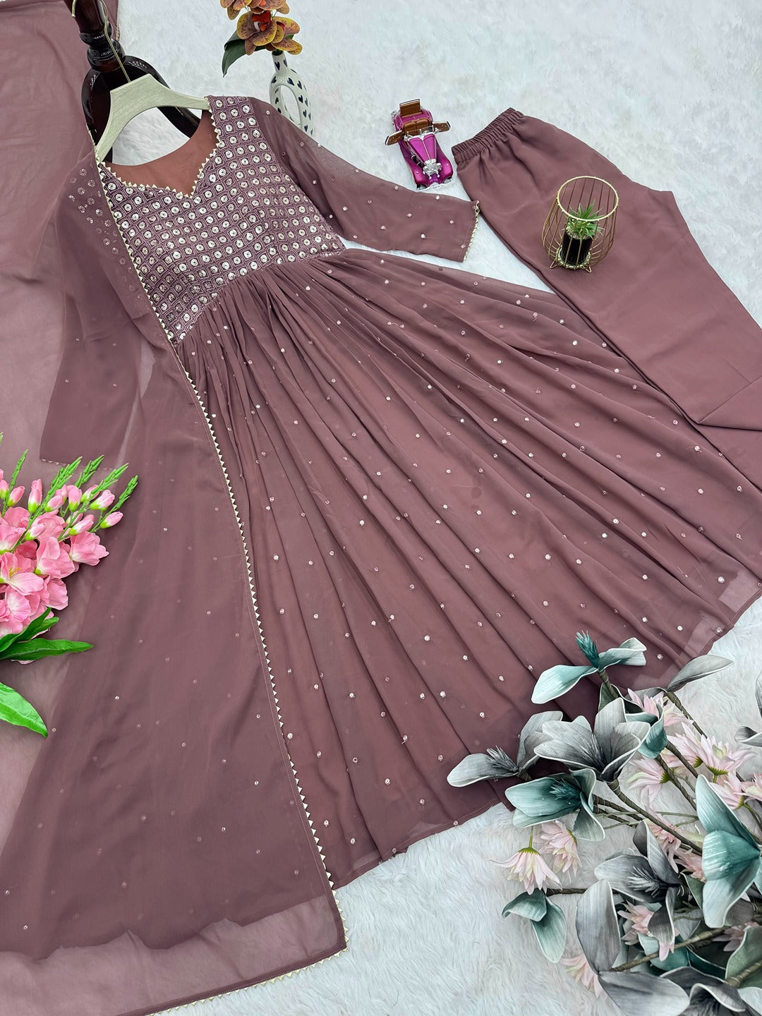 Designer Faux Georgette Embroidered Gown with Pant & Dupatta