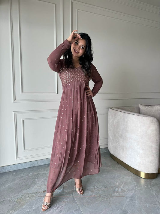 Designer Faux Georgette Embroidered Gown with Pant & Dupatta