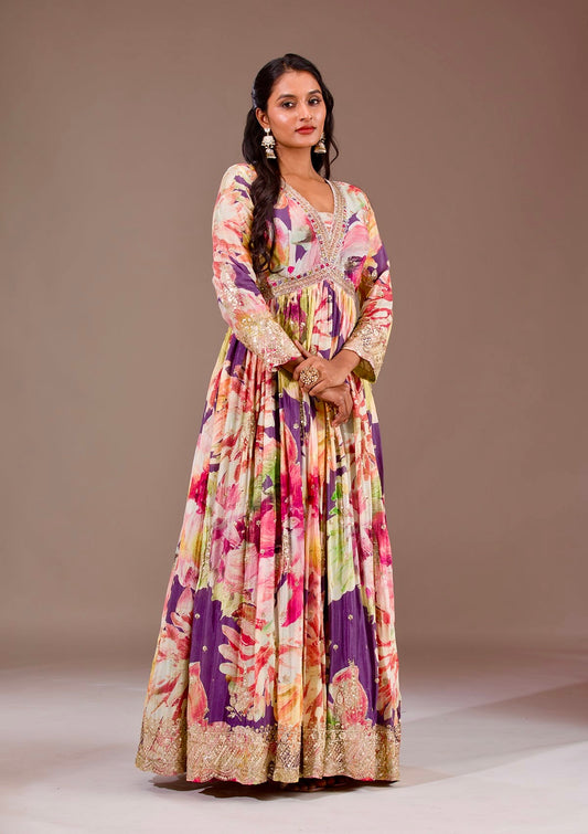 Designer Chinon Silk Digital Floral Printed Gown with Mirror Work Dupatta