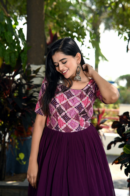 Designer Faux Blooming Chinnon Printed Gown with 7-Meter Flair & Cotton Lining