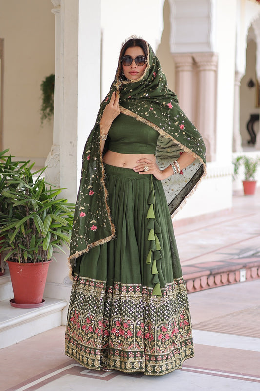 Vichitra Silk Lehenga Choli with Heavy Sequins & Thread Embroidery and Designer Dupatta