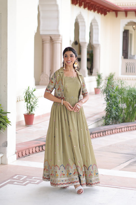 Vichitra Silk Sequins & Zari Embroidered Gown with Designer Koti