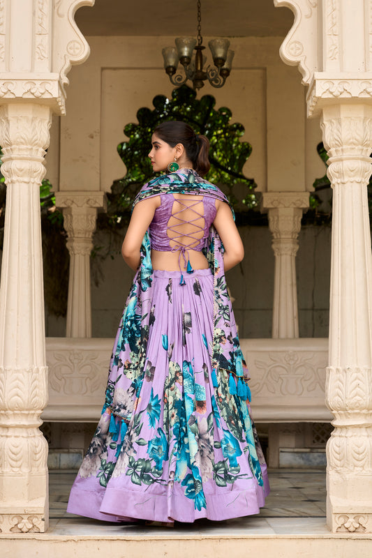 Tasar Silk Floral Print Lehenga Choli with Lace Detailing & Tassel Dupatta – PDLNB1225LUV