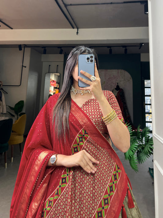 Tussar Silk Floral Foil Print Lehenga Choli with Tassel Dupatta