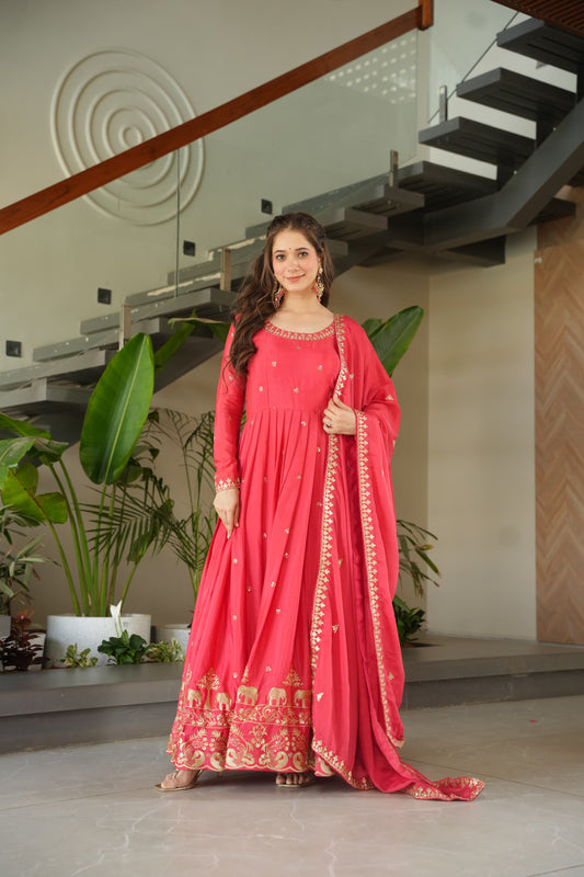 Pink Chinon Gown With Embroidery Dupatta