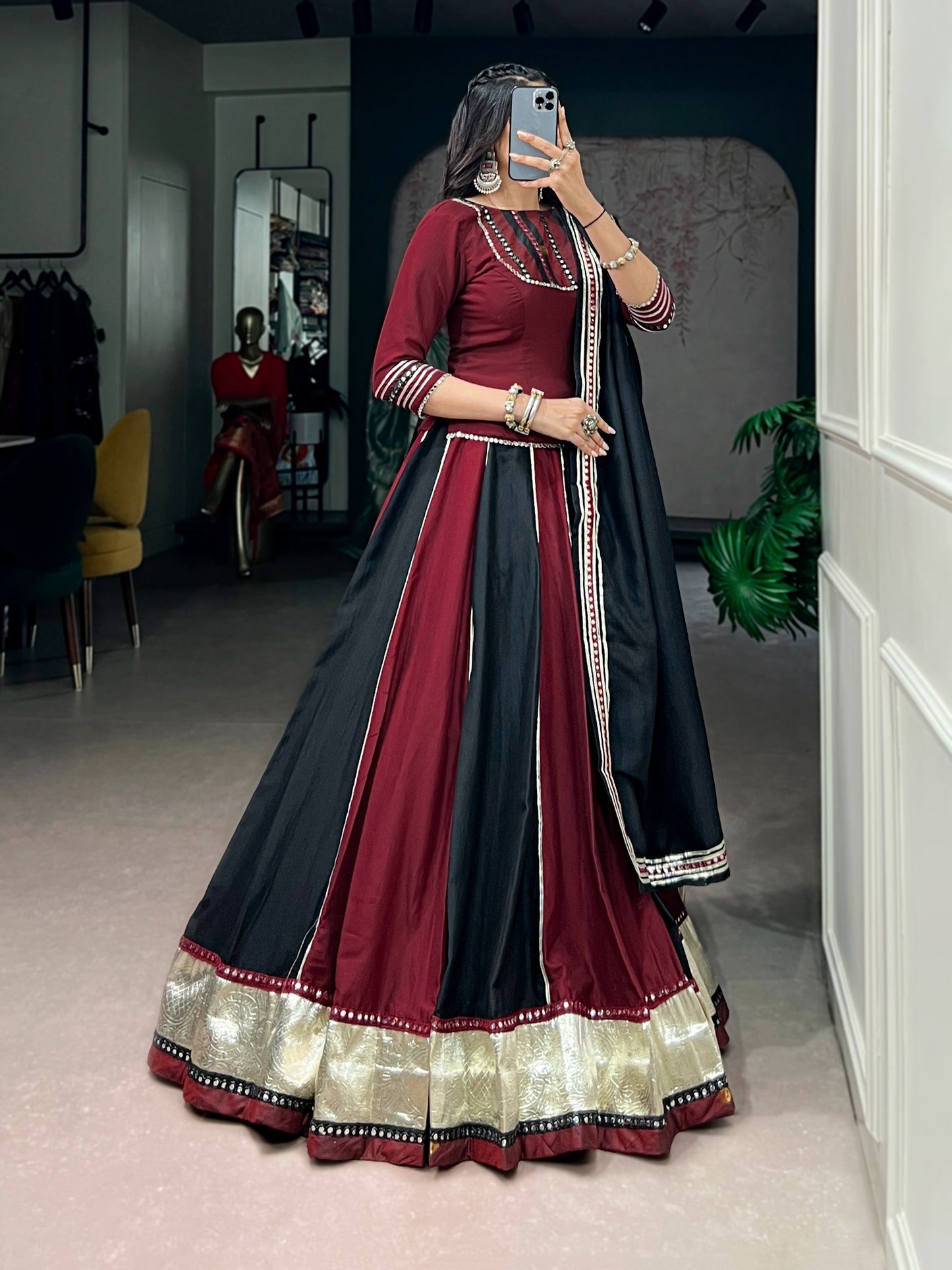 Maroon Black Panelled Lehenga Choli With Zari Border And Mirror Work