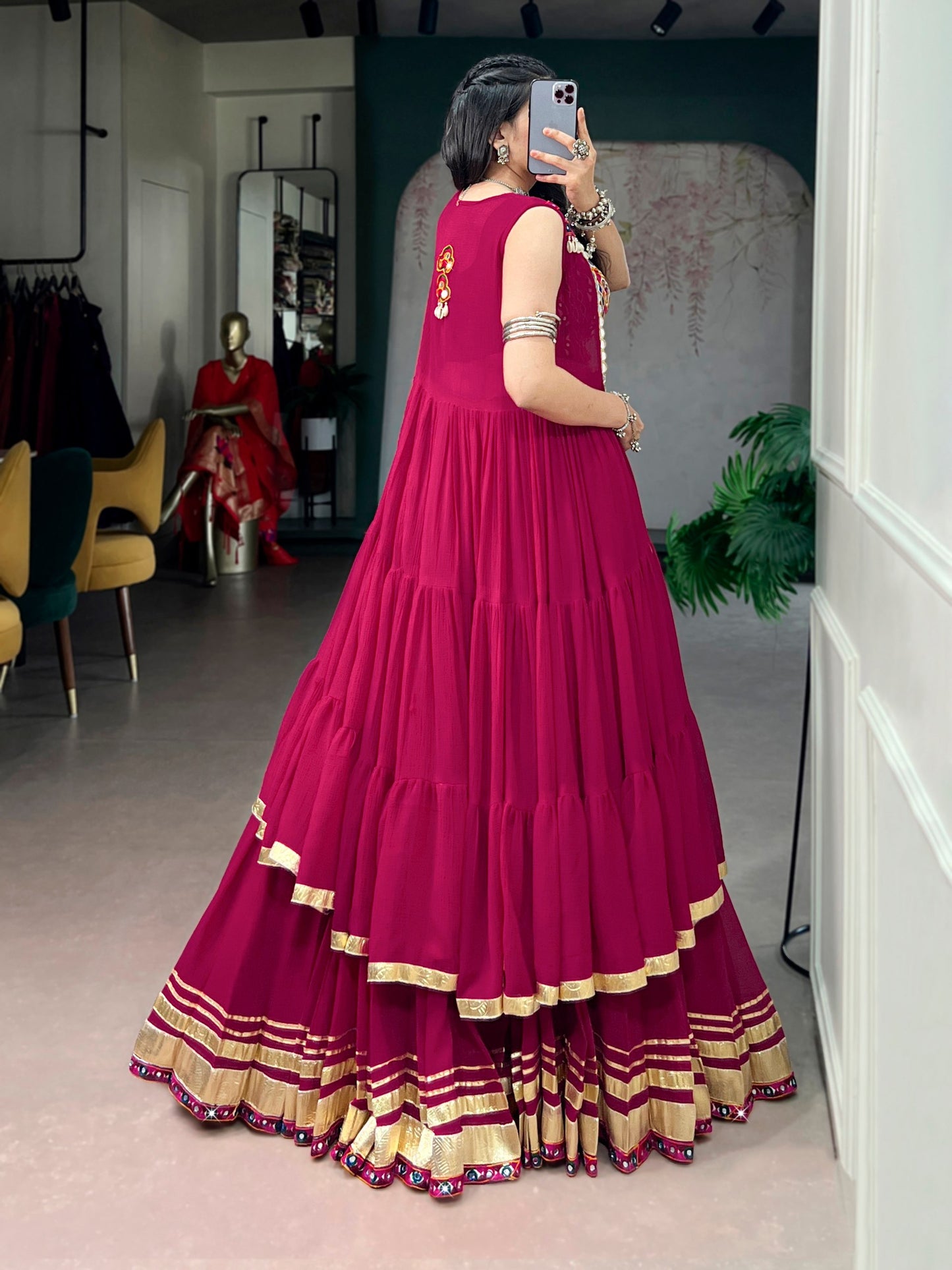 Magenta Pink Layered Lehenga Choli With Mirror Work Blouse And Gota Border Jacket Dupatta