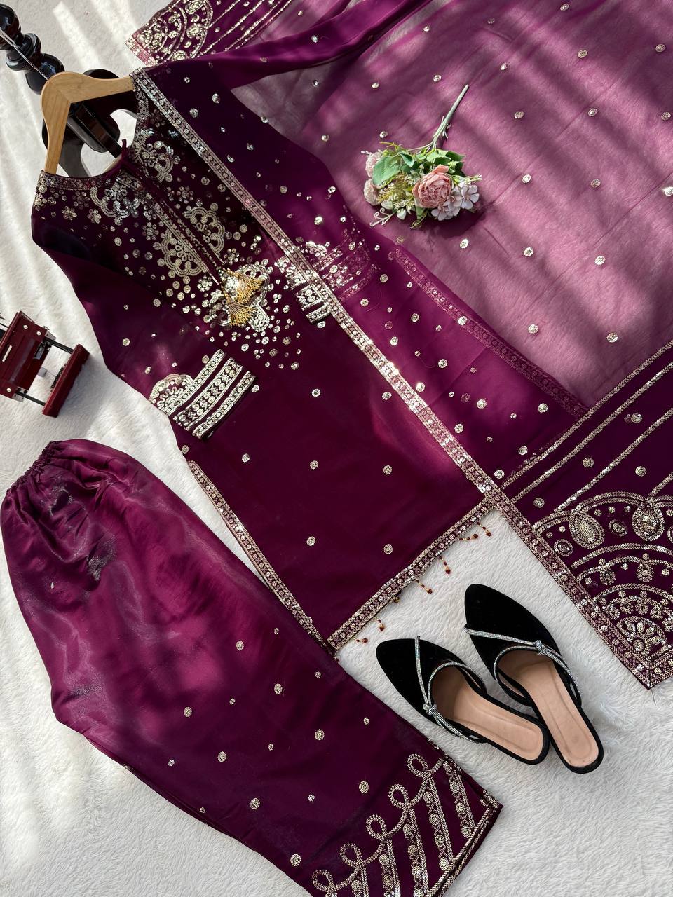 Wine Embroidered Straight Suit Set With Sequin Dupatta