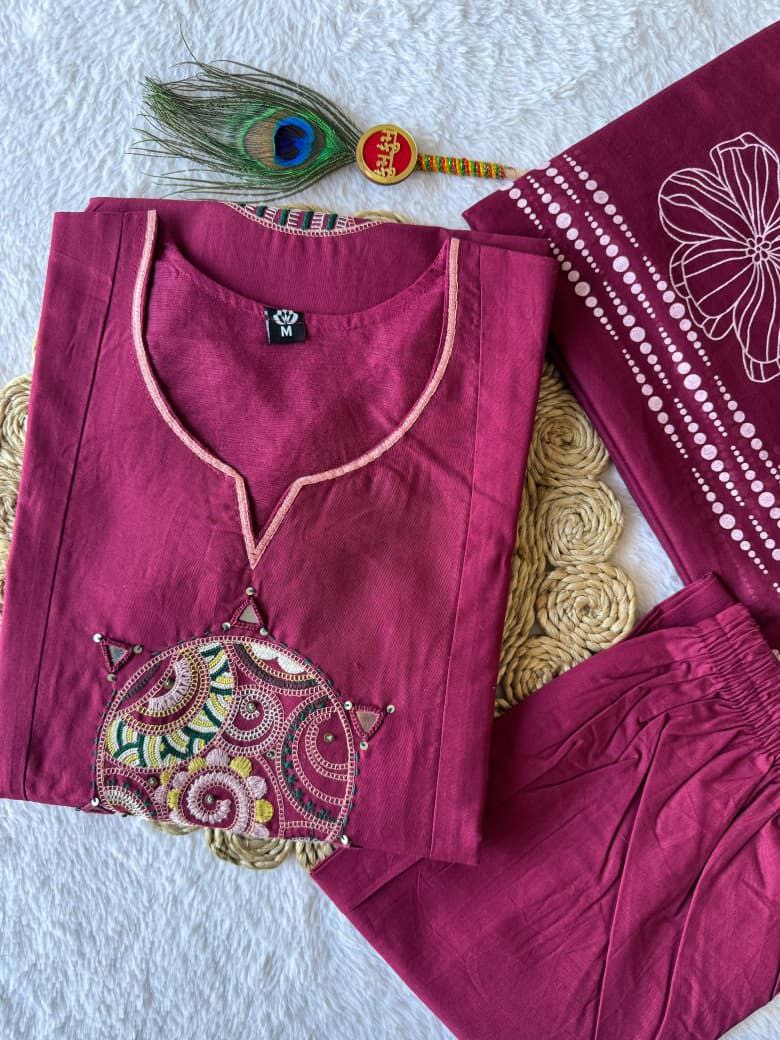 Cotton Kurti Set With Embroidery And Matching Printed Dupatta