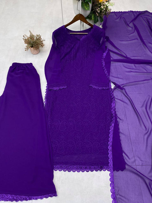 Purple Chikankari Kurti With Lace Detail And Full Length Ethnic Wear