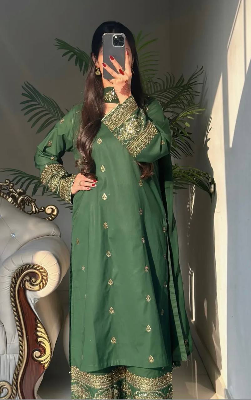 Green Embroidered Silk Kurti With Matching Sharara And Dupatta