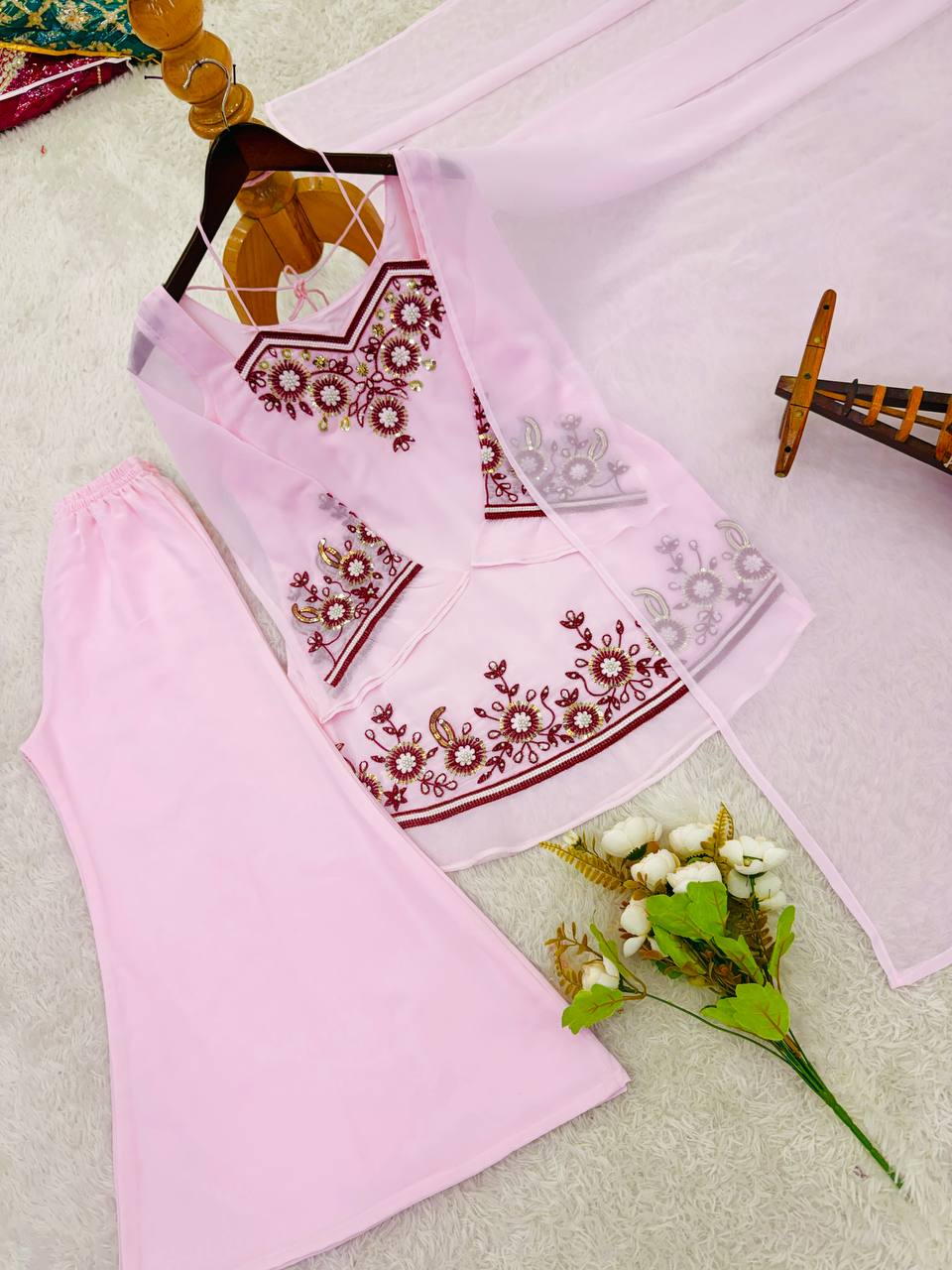 Baby Pink Embroidered Set With Flared Sleeves Dupatta