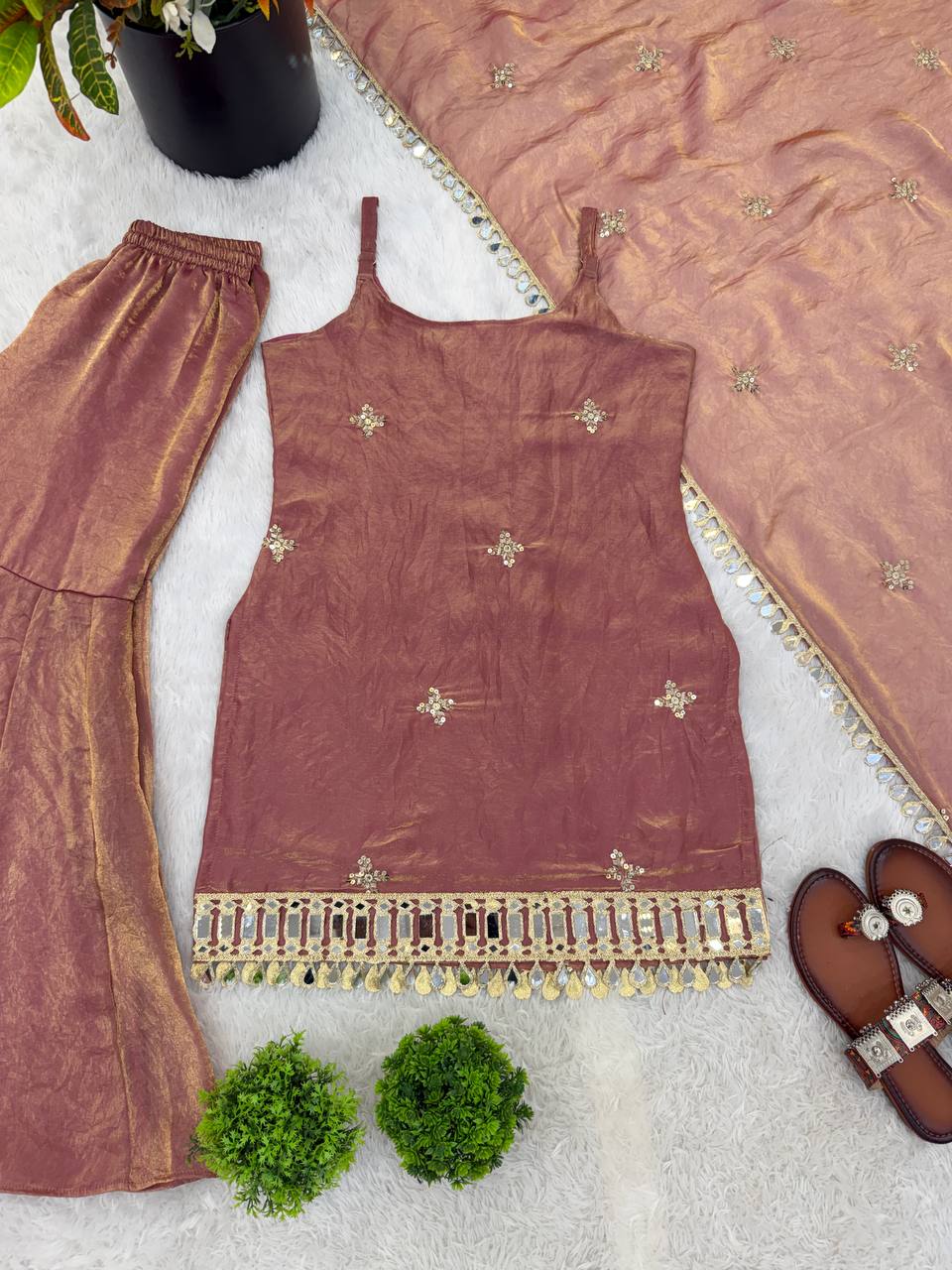 Dusty Pink Sharara Suit With Gold Embroidery And Real Mirror Work