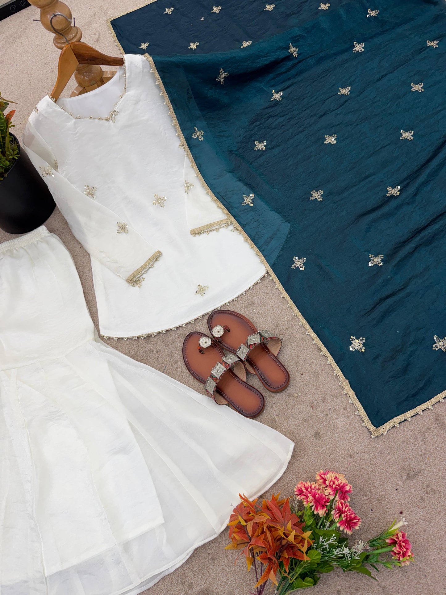 Embroidered Sharara Set With Contrast Sequin Teal Blue Dupatta