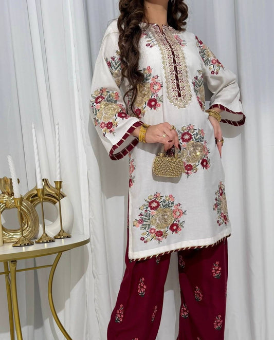 Floral Embroidered Kurti With Maroon Printed Palazzo Pants
