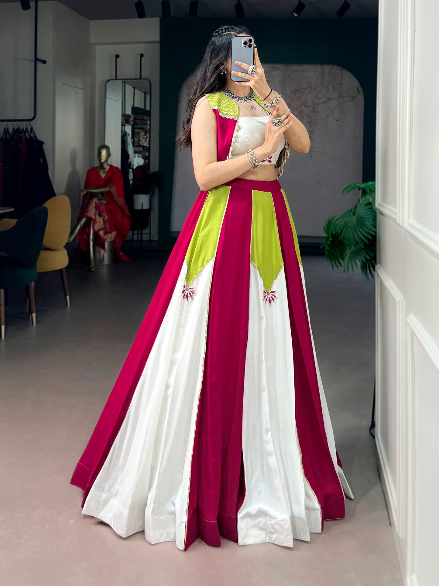 Color Block Indo-Western Lehenga Set With Jacket - Pink, Lime Green And White