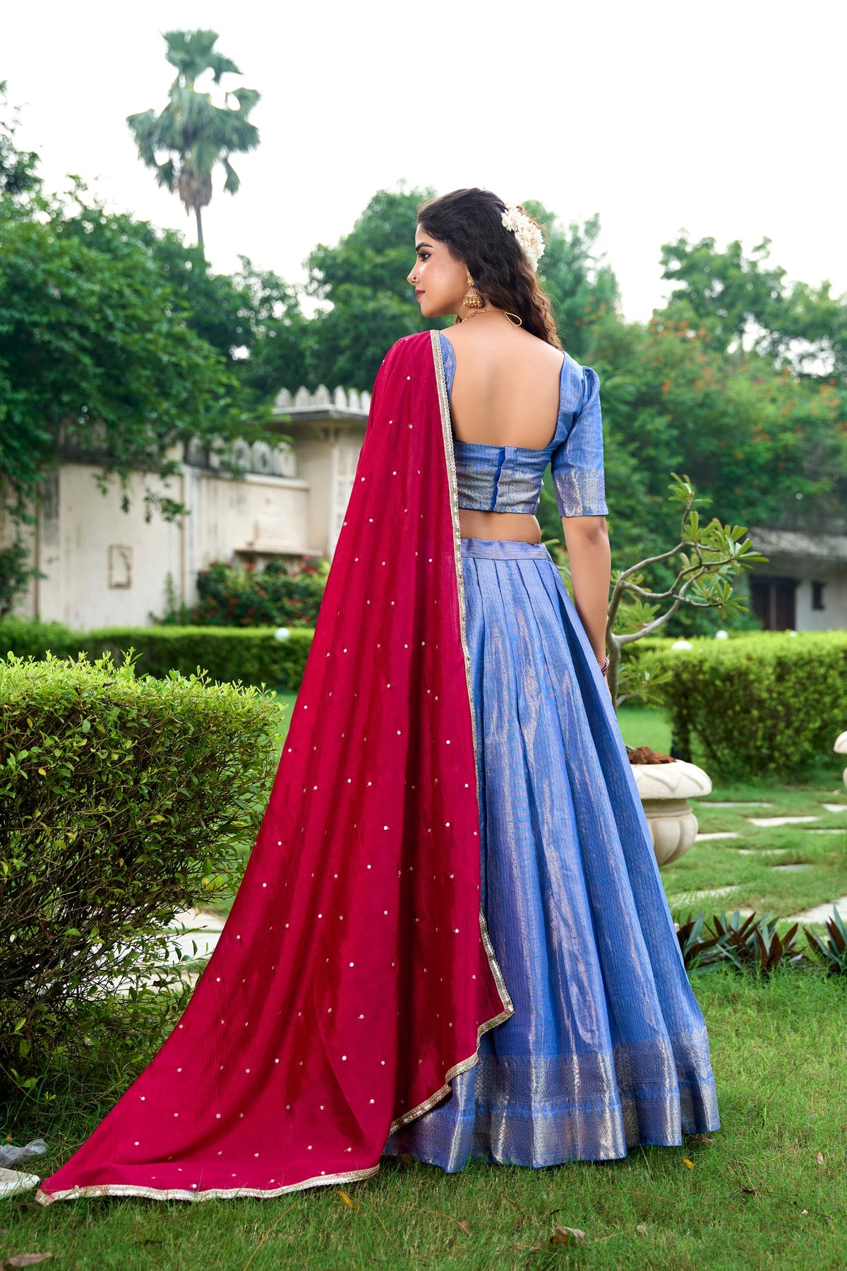 Kanchipuram Lehenga Set With Contrast Dupatta And Blouse