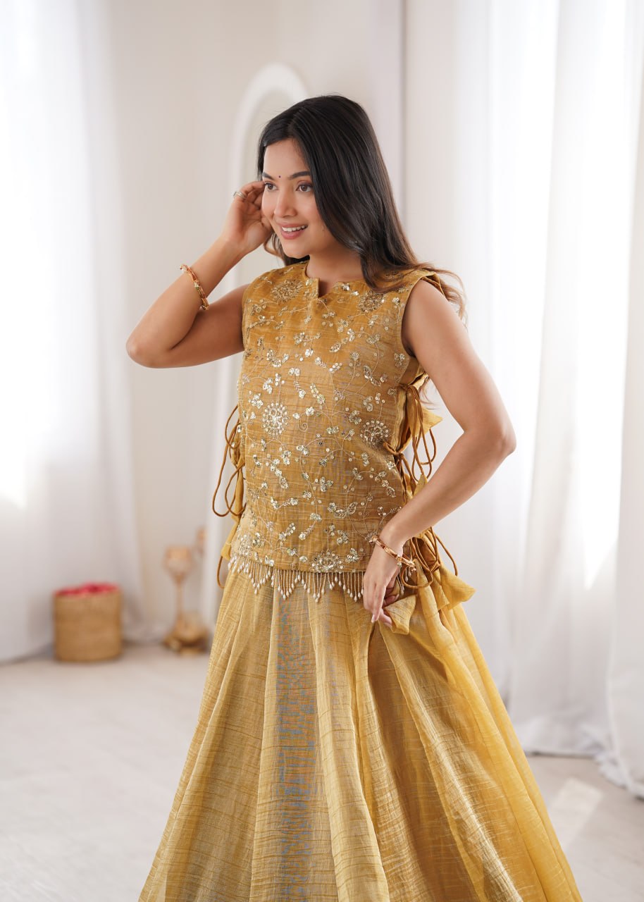 Zari Embroidered Sleeveless Top With Flared Lehenga Set